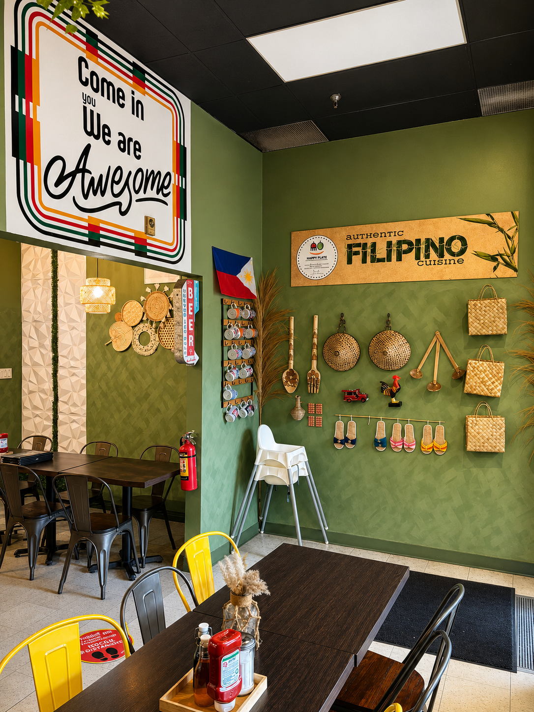 Happy Plate dining room with welcome sign, Filipino flag and green feature wall