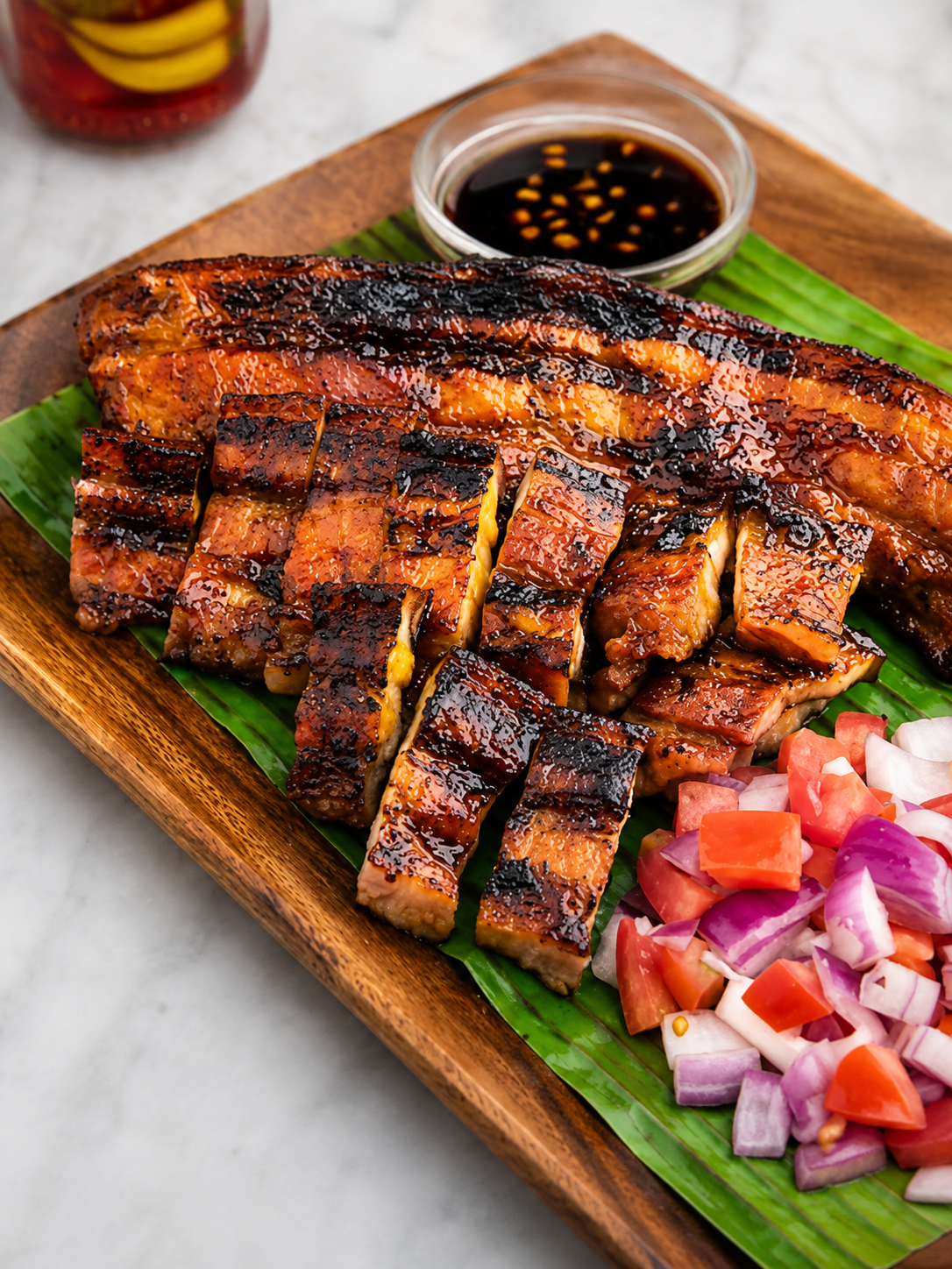 Grilled pork belly slices with dipping sauce and tomato-onion relish
