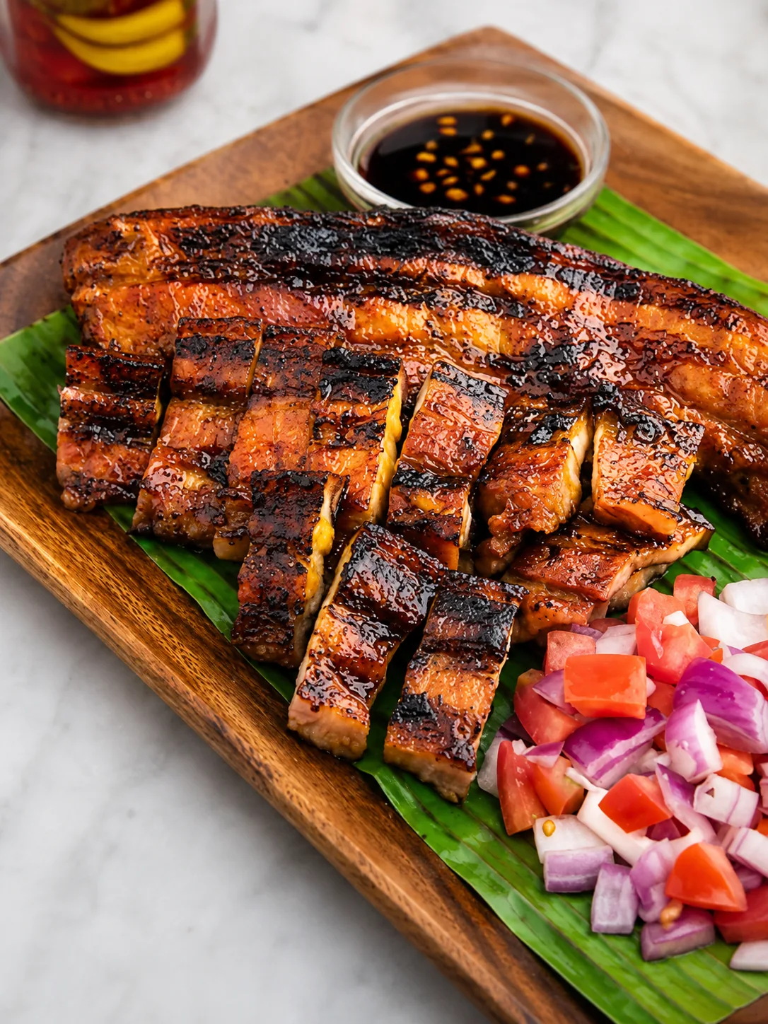 Grilled pork belly slices with dipping sauce and tomato-onion relish