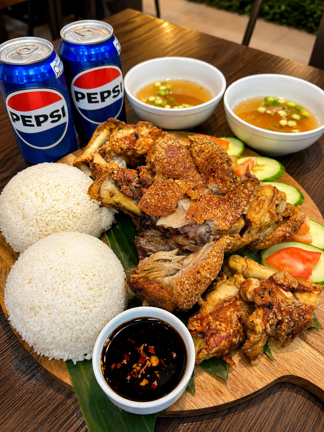 Crispy pork platter with rice, soup and soft drinks