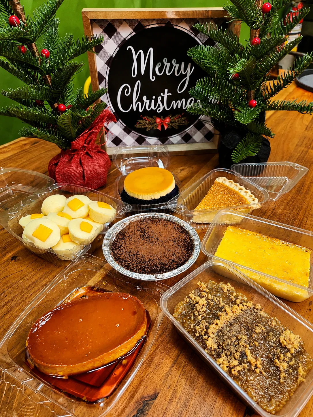 Seasonal Filipino dessert selection beside a Christmas display